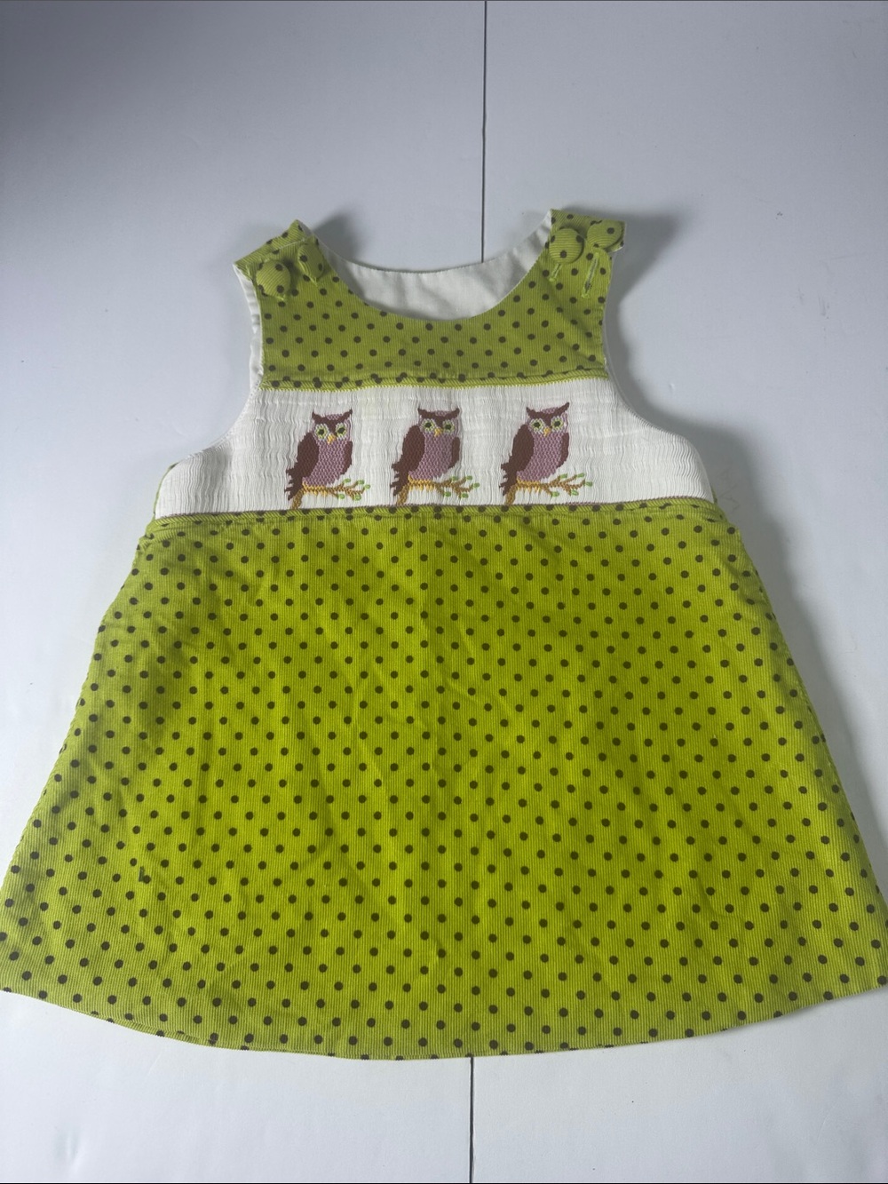 vintage smocked Lime green with brown  Polka Dot Owl Appliqué Kids Dress
